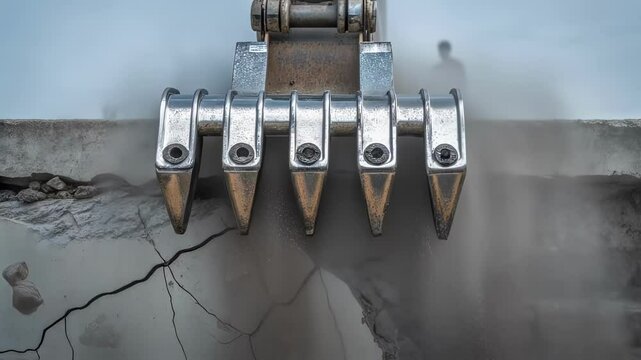 Powerful excavator demolishing concrete wall with ripper attachment, generating clouds of dust and scattered debris during urban redevelopment project