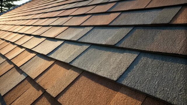 Warm sunlight illuminates a sloped roof covered with modern architectural asphalt shingles in shades of brown and gray, creating a visually appealing texture