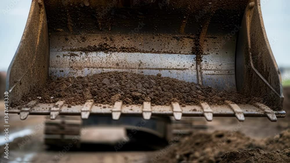 Poster powerful excavator bucket dumping soil, generating massive dust clouds while transforming rugged lan