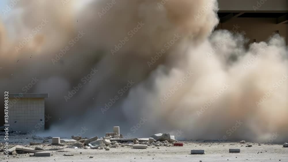 Poster Massive concrete structure imploding, generating immense dust cloud while breaking down, spreading debris across demolition site during controlled engineering demolition process