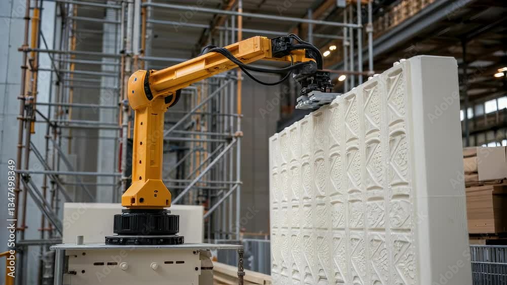 Poster modern robotic arm carefully places decorative tiles on a wall section, showcasing automation in con