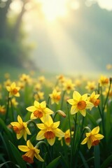 Fototapeta premium Softly lit yellow petals spill across a misty morning scene, cloudy, flowers