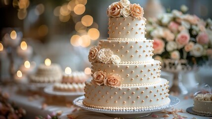 Wedding cake a luxurious display table with soft focus background ample branding space