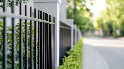 Residential fence along street with greenery
