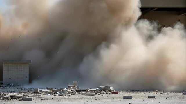 Massive concrete structure imploding, generating immense dust cloud while breaking down, spreading debris across demolition site during controlled engineering demolition process