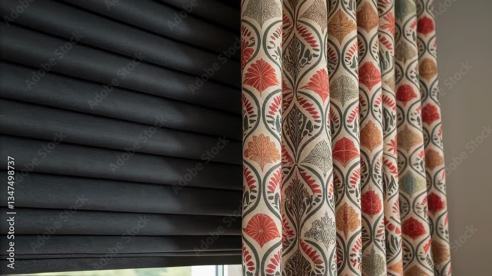Poster Contemporary window treatment featuring cellular shades gracefully transitioning between open and closed positions, complementing floral curtains with dynamic interplay of light and shadow