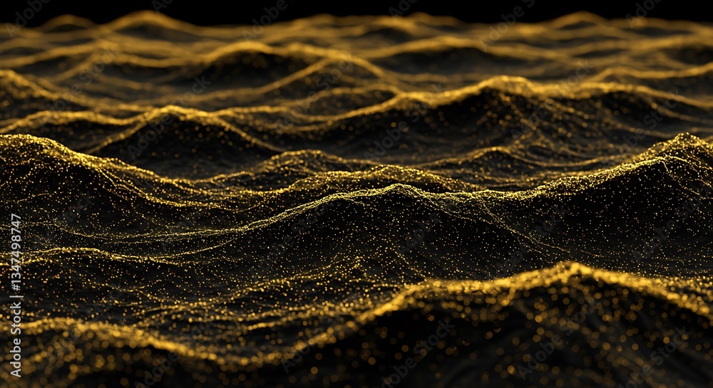 Poster golden particle waves shimmering on dark background digital abstract flow high resolution