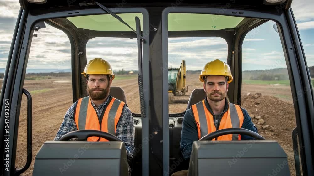 Poster construction workers wearing safety helmets and vests are driving a construction vehicle on a constr