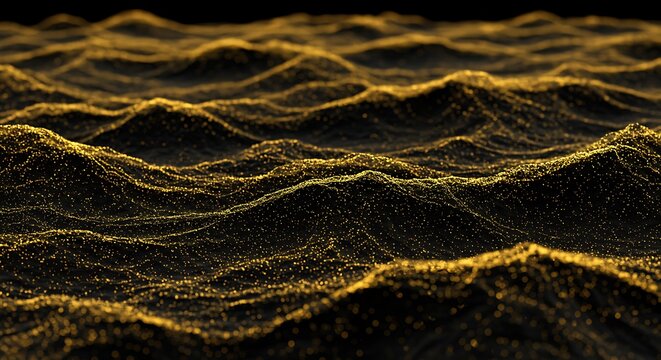 Golden Particle Waves Shimmering on Dark Background Digital Abstract Flow High Resolution
