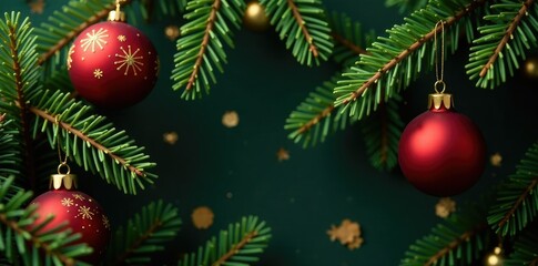 Obraz premium Evergreen branches with red and gold ornaments, ornaments, decorative