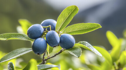 Lush green leaves surround ripe blue berries, showcasing nature beauty and abundance in serene environment