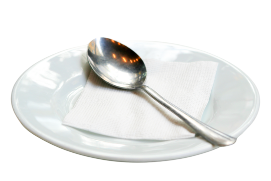 spoon on tissue paper in white plate isolated on a Transparent Background PNG