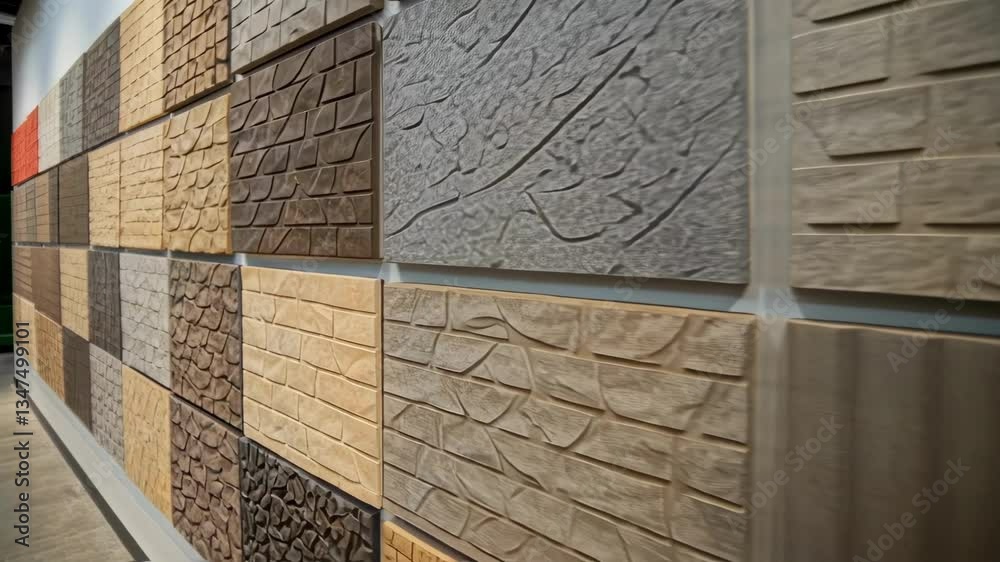Aufkleber Showroom features a diverse collection of tiles, each boasting unique textures and patterns, creating a visually appealing display for interior design and architectural projects