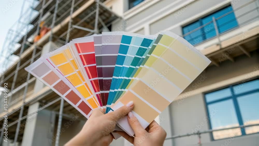 Poster experienced architect reviewing color palette fan while standing near scaffolding, carefully evaluat