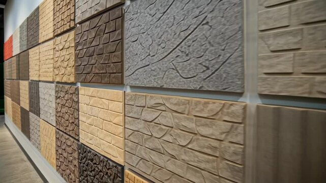 Showroom features a diverse collection of tiles, each boasting unique textures and patterns, creating a visually appealing display for interior design and architectural projects