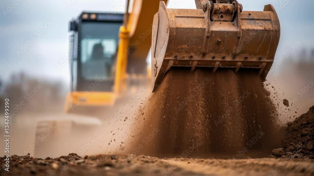Poster construction machinery excavating and pouring soil, generating dense dust clouds while working on sp