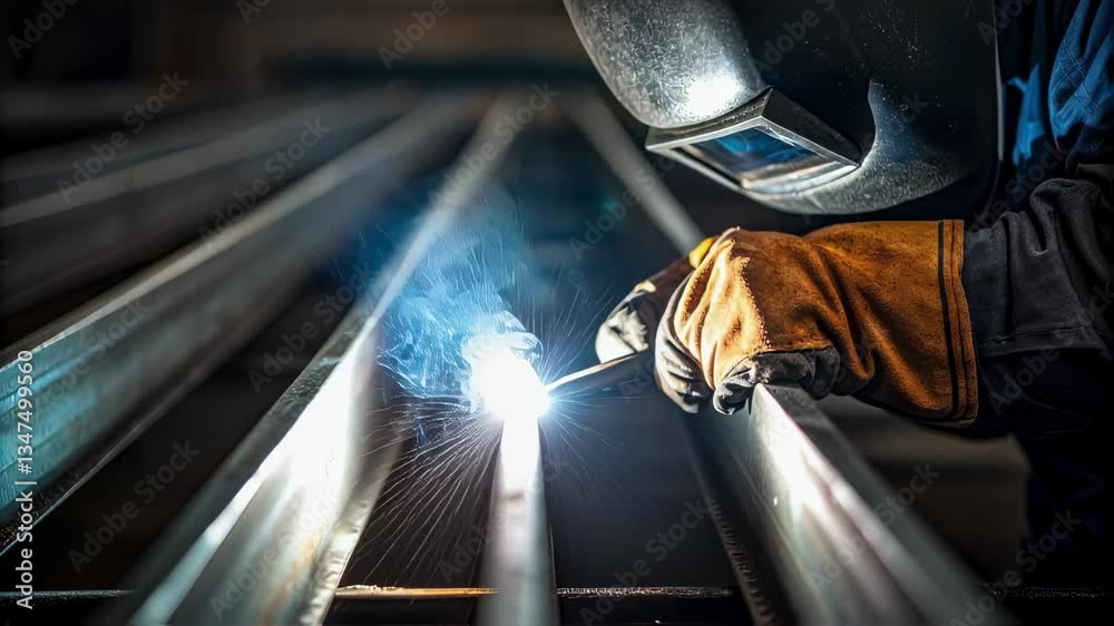 Poster professional welder wearing protective gear and joining metal profiles with a welding torch, creatin