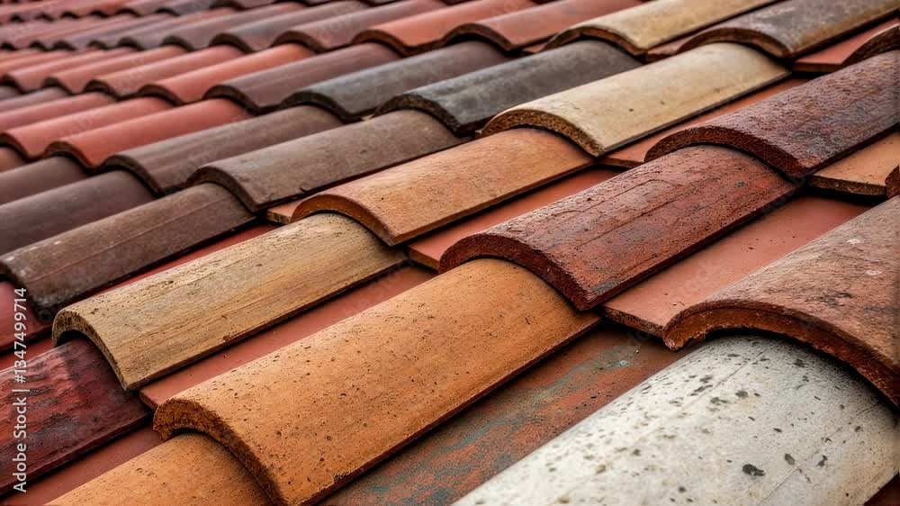 Poster detailed close up revealing terracotta roof tiles positioned in precise overlapping arrangement, sho