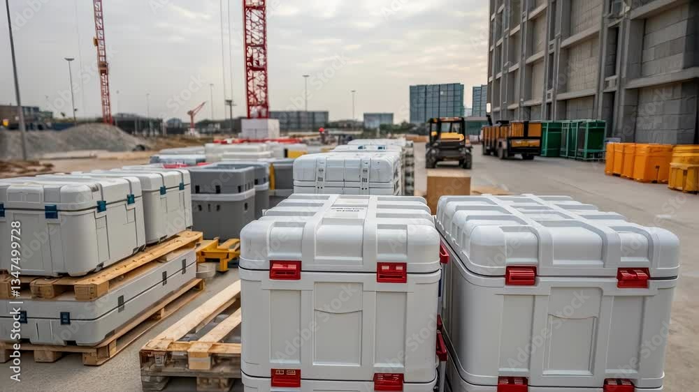 Poster white plastic transport cases with red handles resting on wooden pallets near large building constru