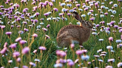 Wild hare sitting in a meadow full of blooming daisies and wildflowers, illuminated by warm golden sunlight. A peaceful springtime scene in nature, symbolizing renewal and wildlife.