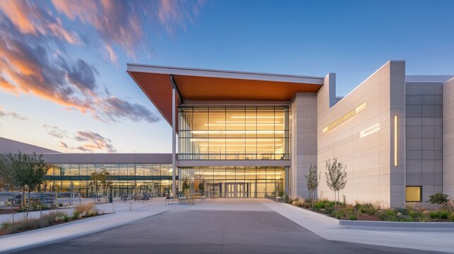 Modern Building Entrance with Sunset Sky
