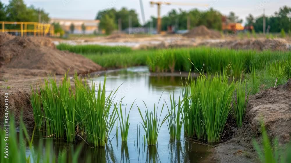 Poster lush green rice seedlings thrive in a watery environment, juxtaposed against the backdrop of a bustl
