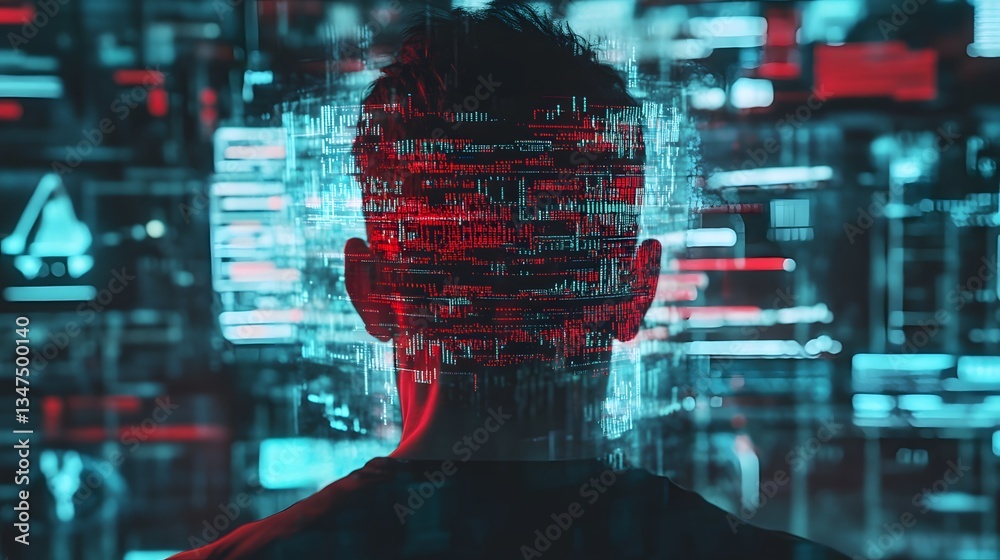 Poster a person immersed in a digital world, surrounded by data streams and code on a screen