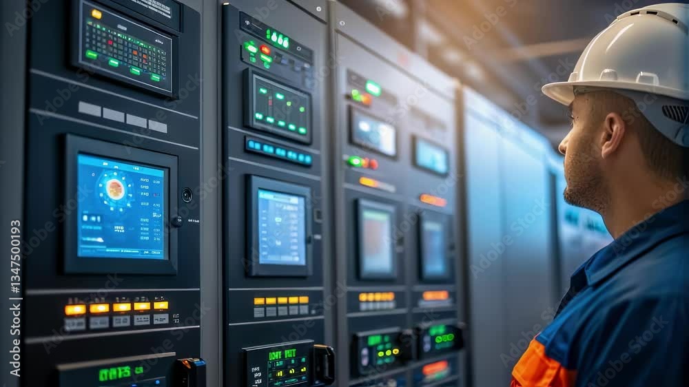 Aufkleber Industrial engineer wearing hardhat and uniform monitors and controls operations using control panel with digital screens and buttons in factory