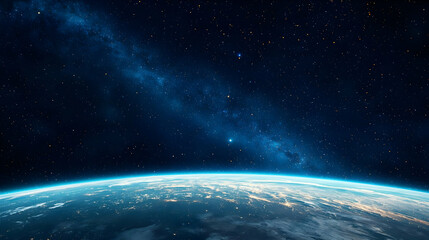 Fototapeta premium Stunning View Of Planet Earth From Space With Bright Galaxy And Stars In Blue Night Sky