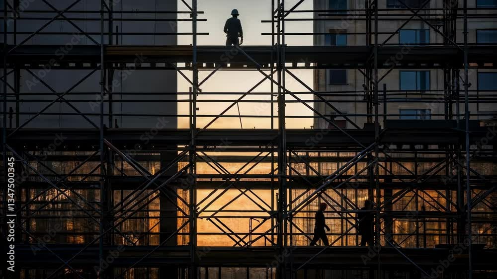 Poster construction workers are working on scaffolding against a beautiful sunset backdrop, demonstrating c