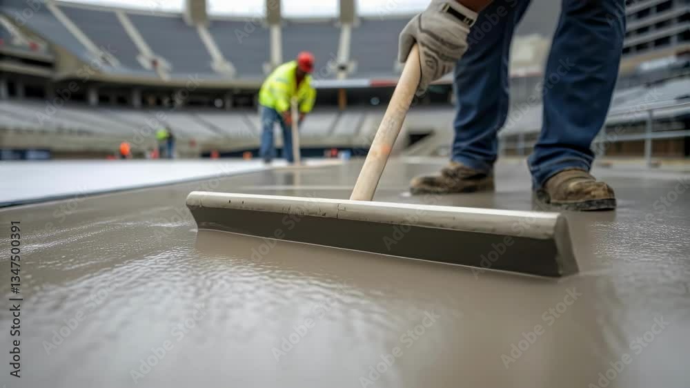 Poster construction workers leveling concrete surface inside stadium, using specialized trowels and techniq