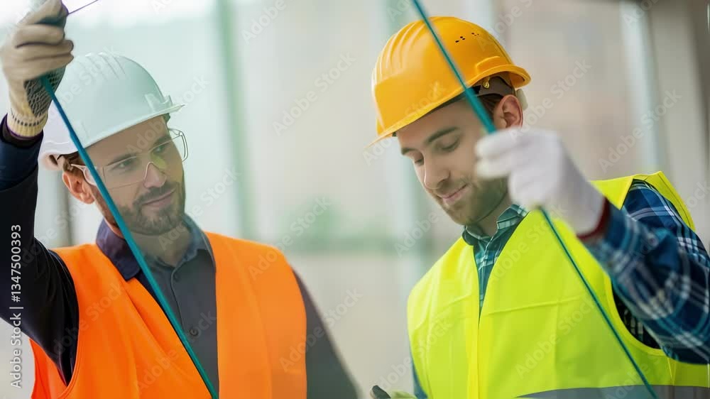 Poster professional construction workers in safety vests and helmets carefully examine a large glass pane, 