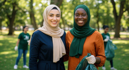Smiling Moslem women in hijabs at a Ramadan park cleanup with diverse volunteers