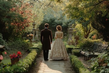 Victorian-era garden with well-dressed man and woman in flowing gowns, serene atmosphere