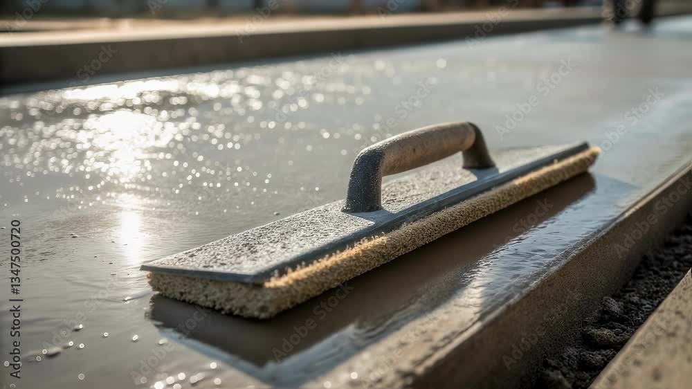 Aufkleber construction workers leveling freshly poured concrete surface using specialized bull float, ensuring