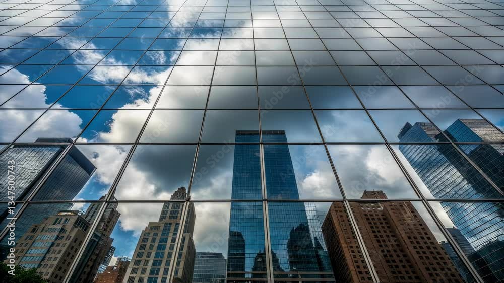 Aufkleber Modern glass skyscraper reflecting surrounding buildings and cloudy sky, creating abstract architectural patterns with lines and geometric shapes