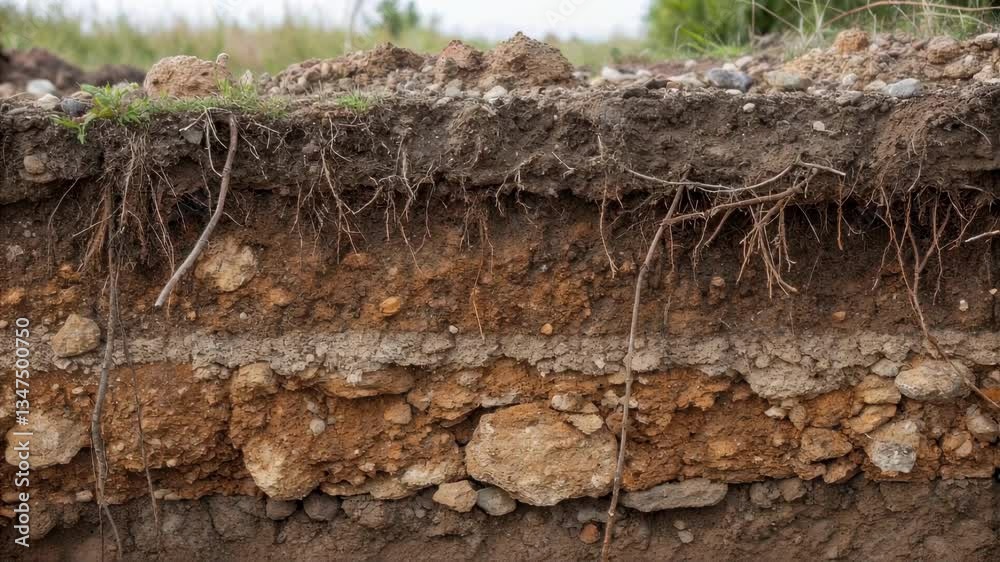 Poster ground cross section revealing intricate layers of soil, roots, and geological compositions, showcas