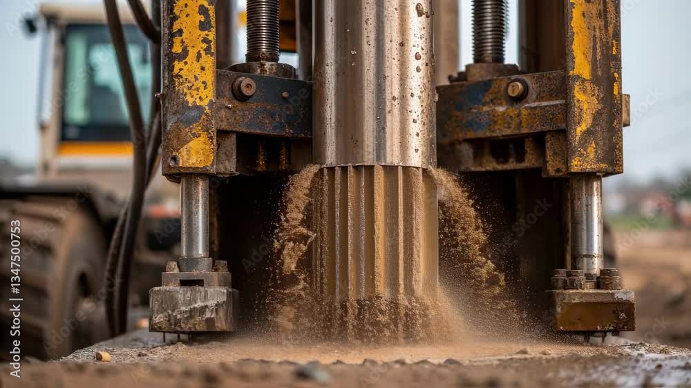 Poster powerful heavy machinery performing auger drilling operation, extracting soil from ground and creati