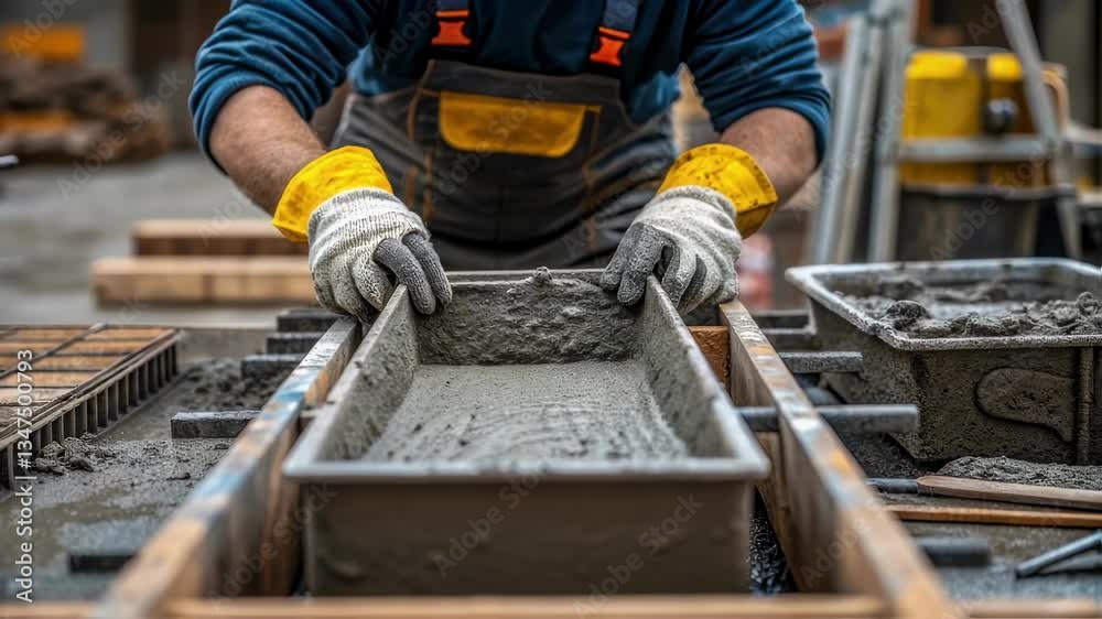 Poster skilled construction professional wearing protective safety gloves leveling wet concrete inside wood