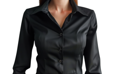 Businesswoman wearing black silk shirt on transparent background