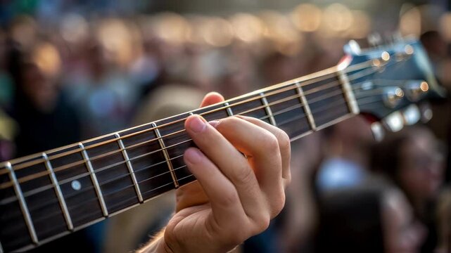 Close up of a musician's hands playing a g major chord on an acoustic guitar during a live concert, with a blurred audience in the background