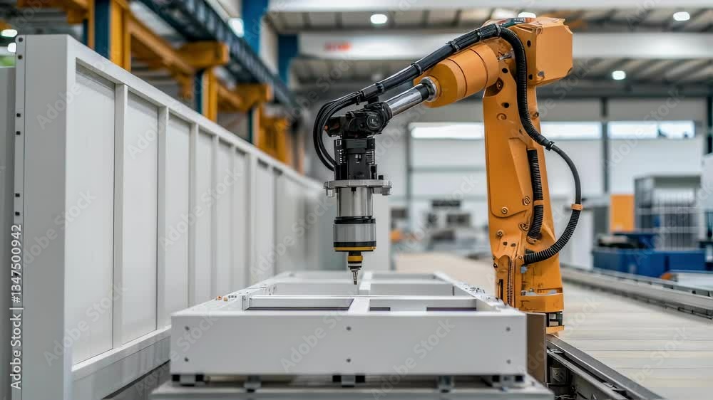 Poster Modern factory setting features a robotic arm executing precise and repetitive operations on a metal frame, demonstrating automation in manufacturing processes