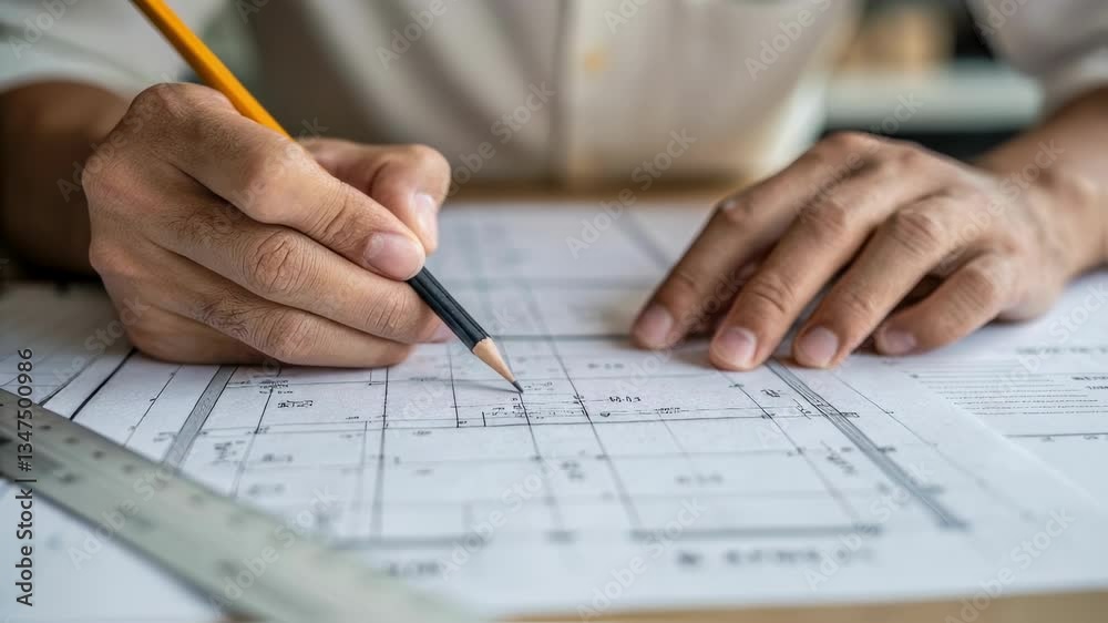 Leinwandbilder architect's hands drawing a precise house plan on a blueprint using a ruler and pencil, meticulously