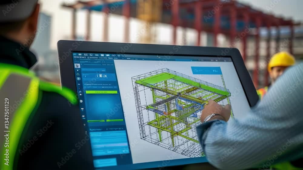 Poster professional engineers in safety gear interacting with 3d building model on touchscreen, highlightin