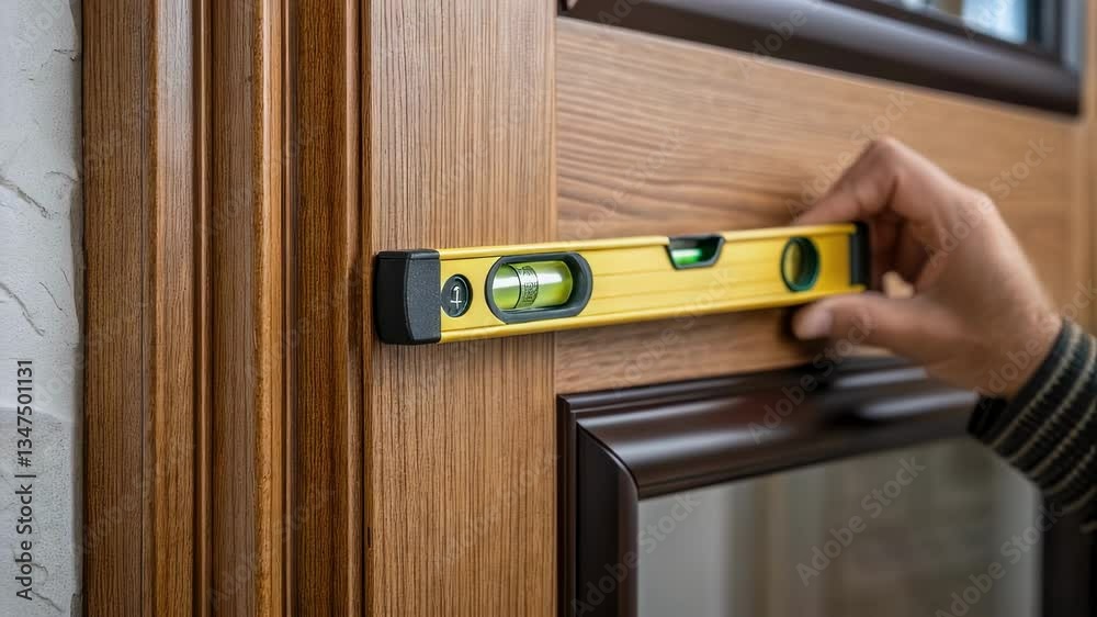 Poster construction worker uses a spirit level to check the verticality of a wooden door frame during insta