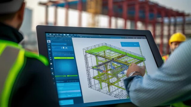 Professional engineers in safety gear interacting with 3d building model on touchscreen, highlighting cutting edge technology in architectural design and construction industry - Powered by Adobe