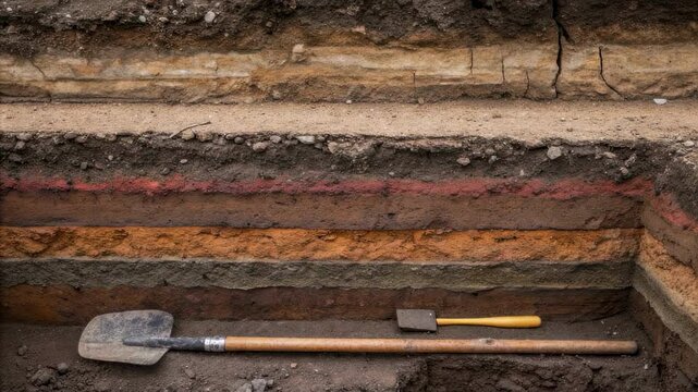 Multicolored sediment layers exposing diverse geological characteristics with research tools highlighting stratigraphy and scientific investigation at excavation site
