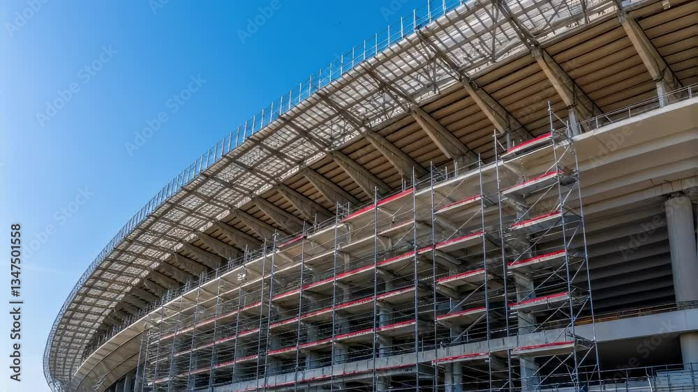 Leinwandbilder construction workers constructing large stadium framework. scaffolding covering exterior structure a