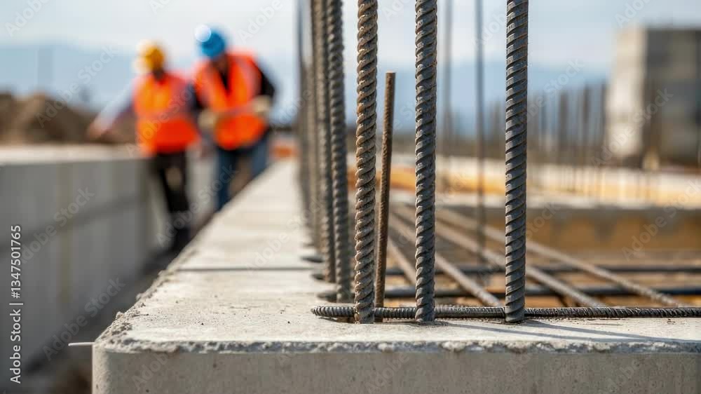 Poster construction workers walking across reinforced concrete foundation, steel bars protruding from struc