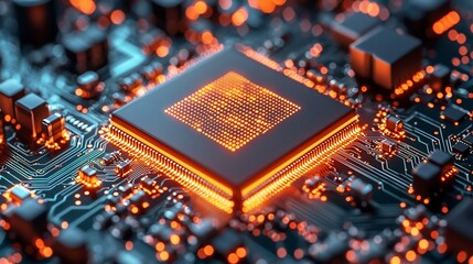 Close Up of Glowing Orange Computer Processor Chip on Circuit Board
